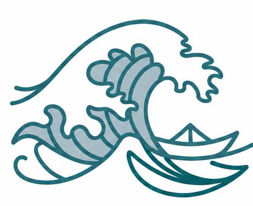 Wave and wooden boat illustration